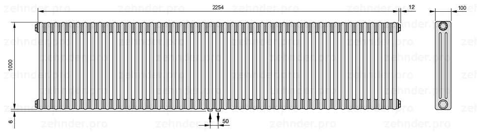 Схема (чертеж) Радиатор Zehnder Charleston 3100/49 №3470 Белый глянцевый RAL 9016